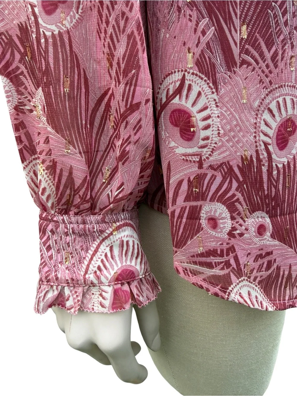 Talbots Raspberry Peony-Print Ruffled V-Neck Blouse - Picture 6 of 7